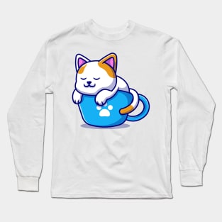 Sleeping Cat and Coffee Kawaii Orange - Cute Long Sleeve T-Shirt